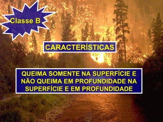 Classe BClasse B
CARACTERÍSTICAS
QUEIMA SOMENTE NA SUPERFÍCIE EQUEIMA SOMENTE NA SUPERFÍCIE E
NÃO QUEIMA EM PROFUNDIDADE NANÃO QUEIMA EM PROFUNDIDADE NA
SUPERFÍCIE E EM PROFUNDIDADESUPERFÍCIE E EM PROFUNDIDADE
 
