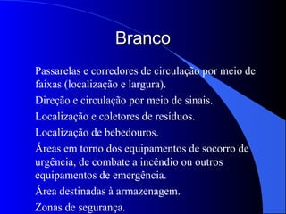 BrancoBranco
Passarelas e corredores de circulação por meio de
faixas (localização e largura).
Direção e circulação por meio de sinais.
Localização e coletores de resíduos.
Localização de bebedouros.
Áreas em torno dos equipamentos de socorro de
urgência, de combate a incêndio ou outros
equipamentos de emergência.
Área destinadas à armazenagem.
Zonas de segurança.
 