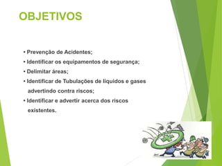 OBJETIVOS
• Prevenção de Acidentes;
• Identificar os equipamentos de segurança;
• Delimitar áreas;
• Identificar de Tubulações de líquidos e gases
advertindo contra riscos;
• Identificar e advertir acerca dos riscos
existentes.
 