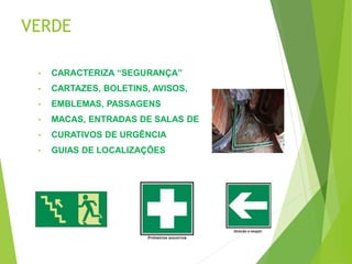VERDE
• CARACTERIZA “SEGURANÇA”
• CARTAZES, BOLETINS, AVISOS,
• EMBLEMAS, PASSAGENS
• MACAS, ENTRADAS DE SALAS DE
• CURATIVOS DE URGÊNCIA
• GUIAS DE LOCALIZAÇÕES
 