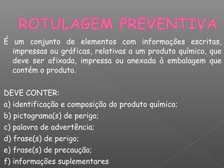 É um conjunto de elementos com informações escritas,
impressas ou gráficas, relativas a um produto químico, que
deve ser afixada, impressa ou anexada à embalagem que
contém o produto.
DEVE CONTER:
a) identificação e composição do produto químico;
b) pictograma(s) de perigo;
c) palavra de advertência;
d) frase(s) de perigo;
e) frase(s) de precaução;
f) informações suplementares
 