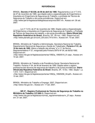 REFERÊNCIAS

BRASIL. Decreto nº 92.530, de 09 de abril de 1986. Regulamenta a Lei nº 7.410,
de 27 de novembro de 1985, que dispõe sobre a especialização de Engenheiros e
Arquitetos em Engenharia de Segurança do Trabalho, a profissão de Técnico de
Segurança do Trabalho e dá outras providências. Disponível em:
<http://www.ipef.br/legislacao/bdlegislacao/arquivos/3007.rtf>. Acesso em: 26 set.
2007.


______. Lei nº 7.410, de 27 de novembro de 1985. Dispõe sobre a Especialização
de Engenheiros e Arquitetos em Engenharia de Segurança do Trabalho, a Profissão
de Técnico de Segurança do trabalho, e dá outras providências. Diário Oficial [da]
República Federativa do Brasil, Brasília, DF, 28 nov. 1985. Disponível em:
<http://www.planalto.gov.br/ccivil_03/Leis/L7410.htm>. Acesso em: 10 set. 2007.


BRASIL. Ministério do Trabalho e Administração. Secretaria Nacional do Trabalho.
Departamento Nacional de Segurança e Saúde do Trabalhador. Portaria nº 01, de
19 de maio de 1992. Altera a redação das alíneas "a" e "c" da Norma
Regulamentadora nº 27, revigorada pela Portaria SNTb Nº 04, de 06/02/1992.
Disponível em:
<http://www.mte.gov.br/legislacao/portarias/1992/p_19920519_01.asp>. Acesso em:
10 set. 2007.


BRASIL. Ministério do Trabalho e da Previdência Social. Secretaria Nacional do
Trabalho. Portaria nº 04, de 06 de fevereiro de 1992. Dispõe sobre o registro
profissional dos técnicos de segurança do trabalho e dá outras providências. Diário
Oficial [da] República Federativa do Brasil, Brasília, DF, 10 fev. 1992. Seção 1, p.
1.610 -1.611. Disponível em:
<http://www.mte.gov.br/legislacao/portarias/1992/p_19920206_04.pdf>. Acesso em:
10 set. 2007.


BRASIL. Ministério do Trabalho e Emprego. 2007. Disponível em:
<http://www.mte.gov.br>. Acesso em: 17 set. 2007.


______. NR 27 - Registro Profissional do Técnico de Segurança do Trabalho no
Ministério do Trabalho (127.000-1). Disponível em:
<http://www.mte.gov.br/legislacao/normas_regulamentadoras/nr_27.asp>. Acesso
em: 21 set. 2007.




                                                                                     12
 