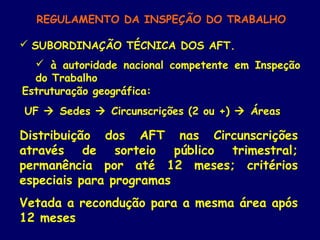 REGULAMENTO DA INSPEÇÃO DO TRABALHO
Estruturação geográfica:
UF  Sedes  Circunscrições (2 ou +)  Áreas
Distribuição dos AFT nas Circunscrições
através de sorteio público trimestral;
permanência por até 12 meses; critérios
especiais para programas
Vetada a recondução para a mesma área após
12 meses
 SUBORDINAÇÃO TÉCNICA DOS AFT.
 à autoridade nacional competente em Inspeção
do Trabalho
 