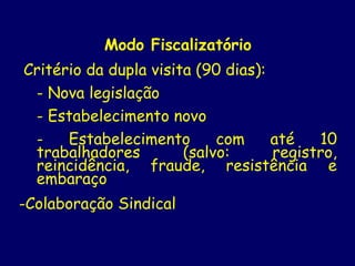Modo Fiscalizatório
Critério da dupla visita (90 dias):
- Nova legislação
- Estabelecimento novo
- Estabelecimento com até 10
trabalhadores (salvo: registro,
reincidência, fraude, resistência e
embaraço
-Colaboração Sindical
 