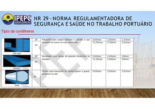 NR 29 - NORMA REGULAMENTADORA DE
SEGURANÇA E SAÚDE NO TRABALHO PORTUÁRIO
Tipos de contêineres
 
