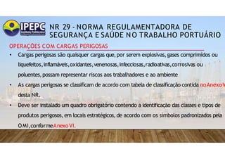 NR 29 - NORMA REGULAMENTADORA DE
SEGURANÇA E SAÚDE NO TRABALHO PORTUÁRIO
OPERAÇÕES COM CARGAS PERIGOSAS
• Cargas perigosas são quaisquer cargas que,por serem explosivas,gases comprimidos ou
liquefeitos,inflamáveis,oxidantes,venenosas,infecciosas,radioativas,corrosivas ou
poluentes,possam representar riscos aos trabalhadores e ao ambiente
• As cargas perigosas se classificam de acordo com tabela de classificação contida noAnexoV
desta NR.
• Deve ser instalado um quadro obrigatório contendo a identificação das classes e tipos de
produtos perigosos, em locais estratégicos,de acordo com os símbolos padronizados pela
OMI,conformeAnexoVI.
 