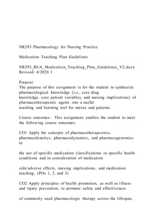 NR293 Pharmacology for Nursing Practice
Medication Teaching Plan Guidelines
NR293_RUA_Medication_Teaching_Plan_Guidelines_V2.docx
Revised: 4/2020 1
Purpose
The purpose of this assignment is for the student to synthesize
pharmacological knowledge (i.e., core drug
knowledge, core patient variables, and nursing implications) of
pharmacotherapeutic agents into a useful
teaching and learning tool for nurses and patients.
Course outcomes: This assignment enables the student to meet
the following course outcomes:
CO1 Apply the concepts of pharmacotherapeutics,
pharmacokinetics, pharmacodynamics, and pharmacogenomics
to
the use of specific medication classifications in specific health
conditions and in consideration of medication
side/adverse effects, nursing implications, and medication
teaching. (POs 1, 2, and 3)
CO2 Apply principles of health promotion, as well as i llness
and injury prevention, to promote safety and effectiveness
of commonly used pharmacologic therapy across the lifespan,
 