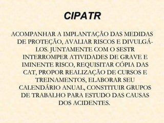 CIPATRCIPATR
ACOMPANHAR A IMPLANTAÇÃO DAS MEDIDASACOMPANHAR A IMPLANTAÇÃO DAS MEDIDAS
DE PROTEÇÃO, AVALIAR RISCOS E DIVULGÁ-DE PROTEÇÃO, AVALIAR RISCOS E DIVULGÁ-
LOS. JUNTAMENTE COM O SESTRLOS. JUNTAMENTE COM O SESTR
INTERROMPER ATIVIDADES DE GRAVE EINTERROMPER ATIVIDADES DE GRAVE E
IMINENTE RISCO, REQUISITAR CÓPIA DASIMINENTE RISCO, REQUISITAR CÓPIA DAS
CAT, PROPOR REALIZAÇÃO DE CURSOS ECAT, PROPOR REALIZAÇÃO DE CURSOS E
TREINAMENTOS, ELABORAR SEUTREINAMENTOS, ELABORAR SEU
CALENDÁRIO ANUAL, CONSTITUIR GRUPOSCALENDÁRIO ANUAL, CONSTITUIR GRUPOS
DE TRABALHO PARA ESTUDO DAS CAUSASDE TRABALHO PARA ESTUDO DAS CAUSAS
DOS ACIDENTES.DOS ACIDENTES.
 