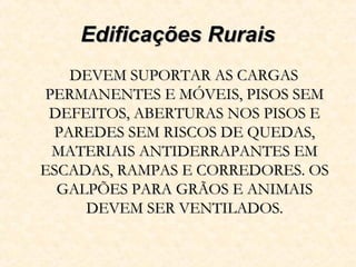 Edificações RuraisEdificações Rurais
DEVEM SUPORTAR AS CARGASDEVEM SUPORTAR AS CARGAS
PERMANENTES E MÓVEIS, PISOS SEMPERMANENTES E MÓVEIS, PISOS SEM
DEFEITOS, ABERTURAS NOS PISOS EDEFEITOS, ABERTURAS NOS PISOS E
PAREDES SEM RISCOS DE QUEDAS,PAREDES SEM RISCOS DE QUEDAS,
MATERIAIS ANTIDERRAPANTES EMMATERIAIS ANTIDERRAPANTES EM
ESCADAS, RAMPAS E CORREDORES. OSESCADAS, RAMPAS E CORREDORES. OS
GALPÕES PARA GRÃOS E ANIMAISGALPÕES PARA GRÃOS E ANIMAIS
DEVEM SER VENTILADOS.DEVEM SER VENTILADOS.
 