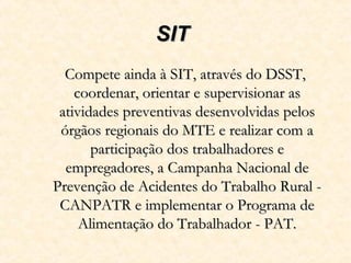SITSIT
Compete ainda à SIT, através do DSST,Compete ainda à SIT, através do DSST,
coordenar, orientar e supervisionar ascoordenar, orientar e supervisionar as
atividades preventivas desenvolvidas pelosatividades preventivas desenvolvidas pelos
órgãos regionais do MTE e realizar com aórgãos regionais do MTE e realizar com a
participação dos trabalhadores eparticipação dos trabalhadores e
empregadores, a Campanha Nacional deempregadores, a Campanha Nacional de
Prevenção de Acidentes do Trabalho Rural -Prevenção de Acidentes do Trabalho Rural -
CANPATR e implementar o Programa deCANPATR e implementar o Programa de
Alimentação do Trabalhador - PAT.Alimentação do Trabalhador - PAT.
 