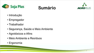 Sumário
• Introdução
• Empregador
• Trabalhador
• Segurança, Saúde e Meio Ambiente
• Agrotóxicos e Afins
• Meio Ambiente e Resíduos
• Ergonomia
02/07/2019 2
 
