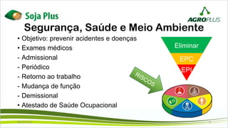 Segurança, Saúde e Meio Ambiente
• Objetivo: prevenir acidentes e doenças
• Exames médicos
- Admissional
- Periódico
- Retorno ao trabalho
- Mudança de função
- Demissional
• Atestado de Saúde Ocupacional
Eliminar
EPC
EPI
02/07/2019 8
 
