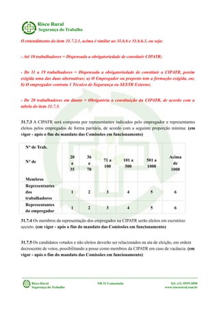 Risco Rural
Segurança do Trabalho
O entendimento do item 31.7.2.1, acima é similar ao 31.6.6 e 31.6.6.1, ou seja:
- Até 10 trabalhadores = Dispensada a obrigatoriedade de constituir CIPATR;
- De 11 a 19 trabalhadores = Dispensada a obrigatoriedade de constituir a CIPATR, porém
exigida uma das duas alternativas; a) O Empregador ou preposto tem a formação exigida, ou;
b) O empregador contrata 1 Técnico de Segurança ou SESTR Externo;
- De 20 trabalhadores em diante = Obrigatória a constituição da CIPATR, de acordo com a
tabela do item 31.7.3.
31.7.3 A CIPATR será composta por representantes indicados pelo empregador e representantes
eleitos pelos empregados de forma paritária, de acordo com a seguinte proporção mínima: (em
vigor - após o fim do mandato das Comissões em funcionamento)
N° de Trab.
N° de
Membros
20
a
35
36
a
70
71 a
100
101 a
500
501 a
1000
Acima
de
1000
Representantes
dos
trabalhadores
1 2 3 4 5 6
Representantes
do empregador
1 2 3 4 5 6
31.7.4 Os membros da representação dos empregados na CIPATR serão eleitos em escrutínio
secreto. (em vigor - após o fim do mandato das Comissões em funcionamento)
31.7.5 Os candidatos votados e não eleitos deverão ser relacionados na ata de eleição, em ordem
decrescente de votos, possibilitando a posse como membros da CIPATR em caso de vacância. (em
vigor - após o fim do mandato das Comissões em funcionamento)
Risco Rural NR 31 Comentada Tel: (11) 9555-2890
Segurança do Trabalho www.riscorural.com.br
 