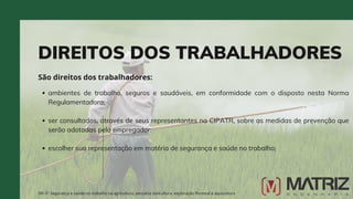 DIREITOS DOS TRABALHADORES
São direitos dos trabalhadores:
NR-31 Segurança e saúde no trabalho na agricultura, pecuária sivilcultura, exploração florestal e aquicultura
ambientes de trabalho, seguros e saudáveis, em conformidade com o disposto nesta Norma
Regulamentadora;
ser consultados, através de seus representantes na CIPATR, sobre as medidas de prevenção que
serão adotadas pelo empregador;
escolher sua representação em matéria de segurança e saúde no trabalho;
 