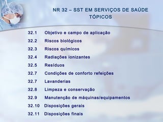 NR 32 – SST EM SERVIÇOS DE SAÚDE
TÓPICOS
32.1 Objetivo e campo de aplicação
32.2 Riscos biológicos
32.3 Riscos químicos
32.4 Radiações ionizantes
32.5 Resíduos
32.7 Condições de conforto refeições
32.7 Lavanderias
32.8 Limpeza e conservação
32.9 Manutenção de máquinas/equipamentos
32.10 Disposições gerais
32.11 Disposições finais
 