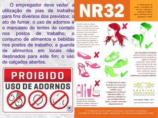 O empregador deve vedar: a 
utilização de pias de trabalho 
para fins diversos dos previstos; o 
ato de fumar, o uso de adornos e 
o manuseio de lentes de contato 
nos postos de trabalho; o 
consumo de alimentos e bebidas 
nos postos de trabalho; a guarda 
de alimentos em locais não 
destinados para este fim; o uso 
de calçados abertos. 
 