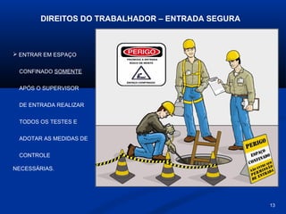 DIREITOS DO TRABALHADOR – ENTRADA SEGURA

 ENTRAR EM ESPAÇO
CONFINADO SOMENTE
APÓS O SUPERVISOR
DE ENTRADA REALIZAR
TODOS OS TESTES E
ADOTAR AS MEDIDAS DE
CONTROLE
NECESSÁRIAS.

13

 