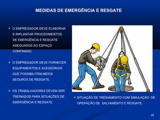 MEDIDAS DE EMERGÊNCIA E RESGATE

 O EMPREGADOR DEVE ELABORAR
E IMPLANTAR PROCEDIMENTOS
DE EMERGÊNCIA E RESGATE
ADEQUADOS AO ESPAÇO
CONFINADO.

 O EMPREGADOR DEVE FORNECER
EQUIPAMENTOS E ACESSÓRIOS
QUE POSSIBILITEM MEIOS
SEGUROS DE RESGATE.

 OS TRABALHADORES DEVEM SER
TREINADOS PARA SITUAÇÕES DE
EMERGÊNCIA E RESGATE.

 SITUAÇÃO DE TREINAMENTO COM SIMULAÇÃO DE
OPERAÇÃO DE SALVAMENTO E RESGATE.

29

 