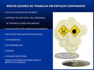RISCOS QUANDO SE TRABALHA EM ESPAÇOS CONFINADOS:
 FALTA OU EXCESSO DE OXIGÊNIO.
 INCÊNDIO OU EXPLOSÃO, PELA PRESENÇA
DE VAPORES E GASES INFLAMÁVEIS.
 INTOXICAÇÕES POR SUBSTÂNCIAS QUÍMICAS.
 INFECÇÕES POR AGENTES BIOLÓGICOS.
 AFOGAMENTOS.
 SOTERRAMENTOS.
 QUEDAS.
 CHOQUES ELÉTRICOS.
TODOS ESTES RISCOS PODEM LEVAR A
MORTES OU DOENÇAS.
05

 