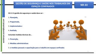 NR-33
GESTÃO DE SEGURANÇA E SAÚDE NOS TRABALHOS EM
ESPAÇOS CONFINADOS
33.3.1 A gestão de segurança e saúde deve ser :
1. Planejada,
2. Programada,
3. Implementada e
4. Avaliada,
Incluindo medidas técnicas de...
1. Prevenção,
2. Medidas administrativas
3. e medidas pessoais e capacitação para o trabalho em espaços confinados
11
wanderson.sesmt@outlook.com
 