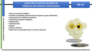 NR-33
QUAIS SÃO OS RISCOS QUANDO SE
TRABALHA EM ESPAÇOS CONFINADOS?
• Falta ou excesso de oxigênio.
• Incêndio ou explosão, pela presença de vapores e gases inflamáveis.
• Intoxicações por substâncias químicas.
• Infecções por agentes biológicos.
• Afogamentos.
• Soterramentos.
• Quedas.
• Choques elétricos.
• Todos estes riscos podem levar à morte ou doenças.
12
wanderson.sesmt@outlook.com
 