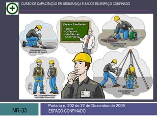 NR-33 ESPAÇO CONFINADO
Portaria n. 202 de 22 de Dezembro de 2006
CURSO DE CAPACITAÇÃO EM SEGURANÇA E SAÚDE EM ESPAÇO CONFINADO
 