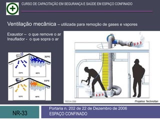 NR-33 ESPAÇO CONFINADO
Portaria n. 202 de 22 de Dezembro de 2006
CURSO DE CAPACITAÇÃO EM SEGURANÇA E SAÚDE EM ESPAÇO CONFINADO
Ventilação mecânica – utilizada para remoção de gases e vapores
Exaustor – o que remove o ar
Insuflador - o que sopra o ar
 