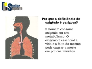 Por que a deficiência de
oxigênio é perigosa?
O homem consome
oxigênio em seu
metabolismo. O
oxigênio é essencial a
vida e a falta do mesmo
pode causar a morte
em poucos minutos.
 