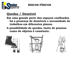 RISCOS FÍSICOS
Quedas / Desnível
Em uma grande parte dos espaços confinados
há a presença de desníveis e necessidade de
trabalhos em diferentes planos.
A possibilidade de quedas, tanto de pessoas
como de objetos é constante.
 