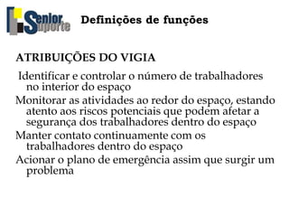 Definições de funções
ATRIBUIÇÕES DO VIGIA
Identificar e controlar o número de trabalhadores
no interior do espaço
Monitorar as atividades ao redor do espaço, estando
atento aos riscos potenciais que podem afetar a
segurança dos trabalhadores dentro do espaço
Manter contato continuamente com os
trabalhadores dentro do espaço
Acionar o plano de emergência assim que surgir um
problema
 