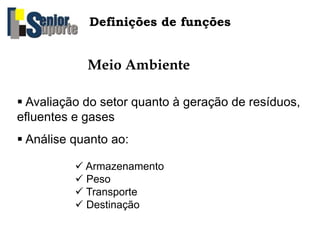 Definições de funções
Meio Ambiente
 Avaliação do setor quanto à geração de resíduos,
efluentes e gases
 Análise quanto ao:
 Armazenamento
 Peso
 Transporte
 Destinação
 