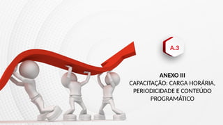 A.3
ANEXO III
CAPACITAÇÃO: CARGA HORÁRIA,
PERIODICIDADE E CONTEÚDO
PROGRAMÁTICO
 
