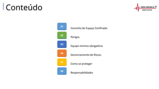 Conteúdo
Conceito de Espaço Confinado
Perigos
Equipe mínima obrigatória
Gerenciamento de Riscos
Como se proteger
Responsabilidades
01
02
03
04
05
06
 