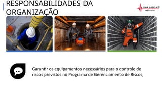 Garantir os equipamentos necessários para o controle de
riscos previstos no Programa de Gerenciamento de Riscos;
RESPONSABILIDADES DA
ORGANIZAÇÃO
 