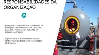 Assegurar a disponibilidade dos serviços de
emergência e salvamento, e de simulados,
quando da realização de trabalhos em
espaços confinados;
Supervisionar as atividades em espaços
confinados executadas pelas organizações
contratadas.
RESPONSABILIDADES DA
ORGANIZAÇÃO
 