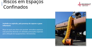 Incêndio ou explosão, pela presença de vapores e gases
inflamáveis
Risco no qual uma área com possível atmosfera explosiva
está presente devendo ser adotadas precauções especiais
para utilização de equipamentos e ferramentas.
Riscos em Espaços
Confinados
 