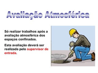 Só realizar trabalhos após a
avaliação atmosférica dos
espaços confinados.
Esta avaliação deverá ser
realizada pelo supervisor de
entrada.
 