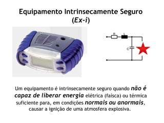 Um equipamento é intrinsecamente seguro quando não é
capaz de liberar energia elétrica (faísca) ou térmica
suficiente para, em condições normais ou anormais,
causar a ignição de uma atmosfera explosiva.
Equipamento Intrinsecamente Seguro
(Ex-i)
R L
C
 