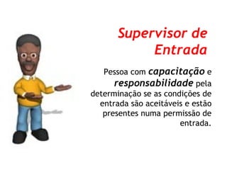 Pessoa com capacitação e
responsabilidade pela
determinação se as condições de
entrada são aceitáveis e estão
presentes numa permissão de
entrada.
Supervisor de
Entrada
 