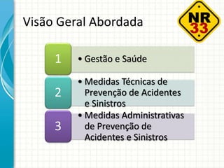 • Gestão e Saúde
1
• Medidas Técnicas de
Prevenção de Acidentes
e Sinistros
2
• Medidas Administrativas
de Prevenção de
Acidentes e Sinistros
3
Visão Geral Abordada
 