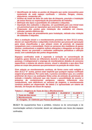 Identificação de todos os pontos de bloqueio que serão necessários para
    isolamento de cada espaço confinado – válvulas, flanges, chaves,
    disjuntores, comportas etc;
    Análise do modo de falha de cada tipo de bloqueio, previsão e instalação
    de meios físicos ou implantação de procedimento de trabalho;
    Definição dos tipos e quantidades de cadeados e etiquetas;
    Aquisição dos cadeados e etiquetas, em quantidade para uso inicial mais
    um percentual para as reposições que ocorrerão ao longo do tempo;
    Preparação dos pontos para instalação dos cadeados em chaves,
    válvulas, painéis elétricos etc;
    Criação de regra de procedimento para instalação, retirada e/ou violação
    de cadeados e etiquetas.

  Para a avaliação inicial e o monitoramento previstos no item 33.3.2 acima,
  devem ser especificados e adquiridos instrumentos que possuam aprovação
  para áreas classificadas e que atinjam níveis de precisão de resposta
  compatíveis com a necessidade. Como os sensores dos medidores de gases
  tóxicos, combustíveis e oxigênio sofrem alterações e desgastes ao longo do
  tempo, devem ser previstas e realizadas calibrações periódicas e aferição
  anual, com substituição das partes desgastadas.

  Espaços confinados onde é esperada a variação na concentração de
  oxigênio, gases tóxicos ou inflamáveis durante o tempo de permanência de
  pessoas, é indispensável o emprego de monitoradores dotados de sensores
  específicos e sistema de alarme sonoro, visual e vibratório e que deve ficar
  preso ao corpo das pessoas que permanecem na posição de maior risco.

  Com relação ao monitoramento contínuo, da forma como está redigido o
  item 33.3.2 “h” acima, parece estar implícito que qualquer espaço confinado
  exigirá tal providência. Por outro lado, é preciso considerar que, se a análise
  preliminar de risco e as avaliações feitas antes da emissão da permissão de
  entrada e trabalho indicarem que não haverá a possibilidade de ocorrer a
  presença de contaminantes perigosos, vapores inflamáveis e/ou
  combustíveis, nem deficiência ou excesso de oxigênio, o monitoramento
  contínuo poderá ser dispensado. Na tabela 2 é apresentado um roteiro de
  decisão, em função da classe do espaço.

  Tabela 2 – Exigência de Teste de Gás e Monitoramento
                  ITEM                CLASSE A      CLASSE B        CLASSE C
    1 Teste de Gás Inicial                X            X               X
    2 Monitoramento                       X            O               O
    X = Exigido; O = Definido por Pessoa Qualificada

33.3.2.1 Os equipamentos fixos e portáteis, inclusive os de comunicação e de
movimentação vertical e horizontal, devem ser adequados aos riscos dos espaços
confinados;




                                                                              16
 