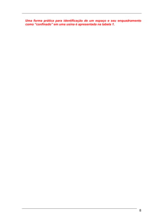 Uma forma prática para identificação de um espaço e seu enquadramento
como “confinado” em uma usina é apresentada na tabela 1.




                                                                   8
 