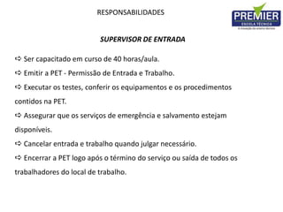 RESPONSABILIDADES
SUPERVISOR DE ENTRADA
 Ser capacitado em curso de 40 horas/aula.
 Emitir a PET - Permissão de Entrada e Trabalho.
 Executar os testes, conferir os equipamentos e os procedimentos
contidos na PET.
 Assegurar que os serviços de emergência e salvamento estejam
disponíveis.
 Cancelar entrada e trabalho quando julgar necessário.
 Encerrar a PET logo após o término do serviço ou saída de todos os
trabalhadores do local de trabalho.
 