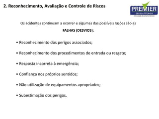 • Reconhecimento dos perigos associados;
• Reconhecimento dos procedimentos de entrada ou resgate;
• Resposta incorreta à emergência;
• Confiança nos próprios sentidos;
• Não utilização de equipamentos apropriados;
• Subestimação dos perigos.
2. Reconhecimento, Avaliação e Controle de Riscos
Os acidentes continuam a ocorrer e algumas das possíveis razões são as
FALHAS (DESVIOS):
 