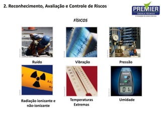 FÍSICOS
Umidade
Vibração Pressão
Radiação ionizante e
não-ionizante
Temperaturas
Extremas
Ruído
2. Reconhecimento, Avaliação e Controle de Riscos
 