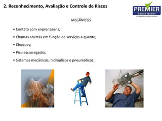 MECÂNICOS
• Contato com engrenagens;
• Chamas abertas em função de serviços a quente;
• Choques;
• Piso escorregadio;
• Sistemas mecânicos, hidráulicos e pneumáticos;
2. Reconhecimento, Avaliação e Controle de Riscos
 