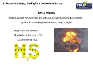 GASES TÓXICOS
Podem causar vários efeitos prejudiciais à saúde humana diretamente
ligados à concentração e ao tempo de exposição
Gases bastante comuns:
Monóxido de Carbono (CO)
Gás Sulfídrico (H2S)
2. Reconhecimento, Avaliação e Controle de Riscos
 