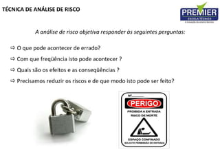 TÉCNICA DE ANÁLISE DE RISCO
 O que pode acontecer de errado?
 Com que freqüência isto pode acontecer ?
 Quais são os efeitos e as conseqüências ?
 Precisamos reduzir os riscos e de que modo isto pode ser feito?
A análise de risco objetiva responder às seguintes perguntas:
 