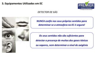 DETECTOR DE GÁS
NUNCA confie nos seus próprios sentidos para
determinar se a atmosfera no EC é segura!
Os seus sentidos não são suficientes para
detectar a presença de muitos dos gases tóxicos
ou vapores, nem determinar o nível de oxigênio
3. Equipamentos Utilizados em EC
 
