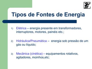 Tipos de Fontes de Energia
1) Elétrica – energia presente em transformadores,
interruptores, motores, painéis etc.;
2) Hidráulica/Pneumática – energia sob pressão de um
gás ou líquido;
3) Mecânica (cinética) – equipamentos rotativos,
agitadores, moinhos,etc;
 